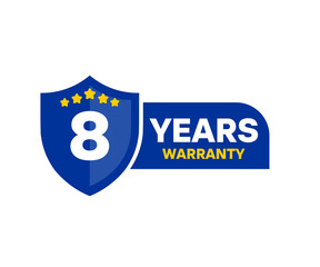 8 Years warranty shield label icon badge design. 8 Years Warranty Badge Label illustration on transparent background. 