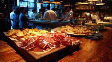 A delectable selection of cured meats and tapas displayed on a rustic wooden board, set against the warm, inviting backdrop of a bustling eatery. The