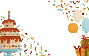 Festive flat watercolor template of a postcard in autumn colors: cake, candle, gifts, balloons, confetti. For design in printing. on a white backgroun