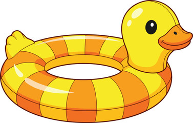 Duck swim ring, inflatable pool float, cartoon floatie, kids swimming toy, beach accessory illustration, yellow orange duck lifebuoy vector ar