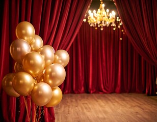 Globos de fiesta en un escenario de teatro con cortinas rojas desenfocadas en bokeh