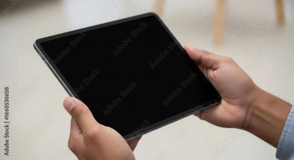 Poster person holding tablet computer with blank screen - close-up of hands holding a tablet computer with 