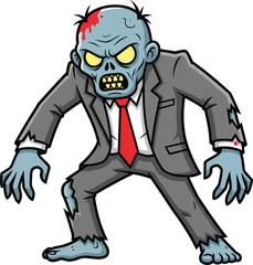 Cartoon zombie in suit, undead businessman illustration, scary monster art, horror character design, creepy zombie vector, Halloween walking dead clipart