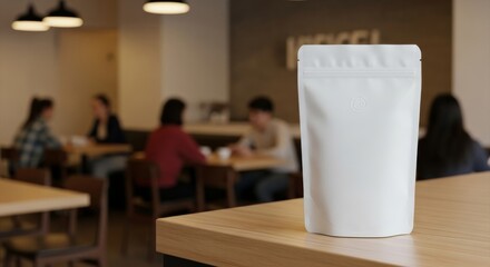 Ready to Brand Stand Up Pouch in Cafe Setting - A blank white stand up pouch mockup, symbolizing branding, packaging, potential, product launch, and marketing strategy.