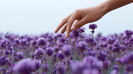 A Hand Gently Touches Vibrant Purple Flower Blossoms In A Serene Field, Soft Lighting, Close Up Detail Of Delicate Flowers, Peaceful Natural Setting