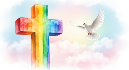 Rainbow Cross and Dove of Peace - Watercolor painting of a rainbow cross and a white dove symbolizing faith, hope, love, peace, and divine grace