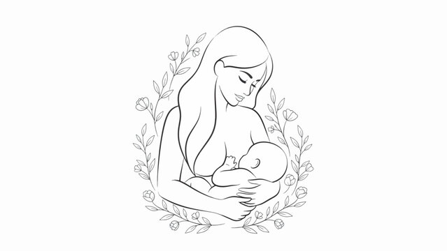 Gentle line art illustration of a mother breastfeeding her baby, surrounded by a delicate floral wreath, symbolizing nurturing and maternal love.