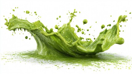 Vibrant Green Water Splash with Bubbles on White Background