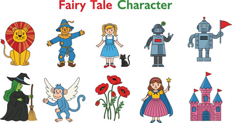 Fairy tale cartoon characters vector set, wizard witch princess robot lion castle illustration, fantasy clipart collection, children’s storybook design artwork