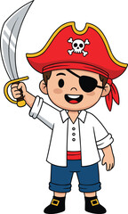 Cartoon pirate boy vector illustration, kid in pirate costume with sword, children’s character clipart, adventure theme artwork, Halloween dress-up design