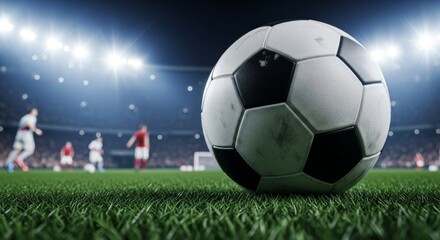 Naklejka premium Soccer Ball on Stadium Field - Close-up of a soccer ball on a green field with blurred stadium background and players in action