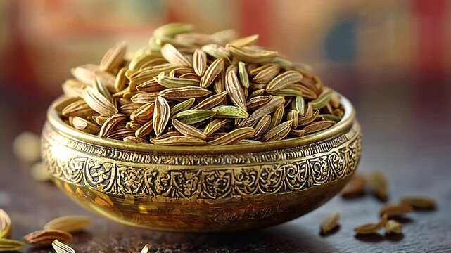fennel seeds in a traditional indian brass spice container, orbit video