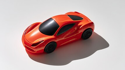 Detailed Orange Toy Sports Car On White Background High Angle Studio Product Photography Featuring A Glossy Finish, Sleek Design, And Dramatic