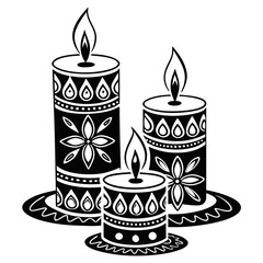 Three Ornate Candles, Black and White, Peaceful Festive Design, Spiritual, Decorative