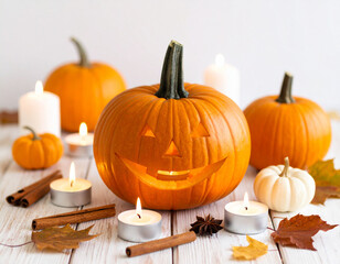 Generated imageHalloween Pumpkin Jack-O-Lantern Still Life with Autumn Leaves and Candlelight