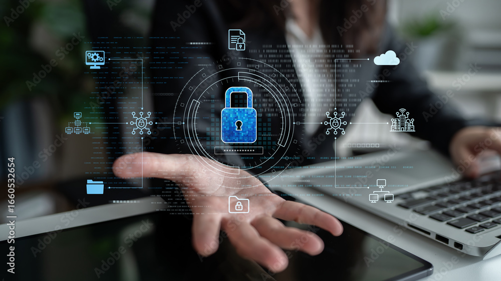 Aufkleber cyber security protects against breaches, hacks, and network attacks using strong infrastructure and