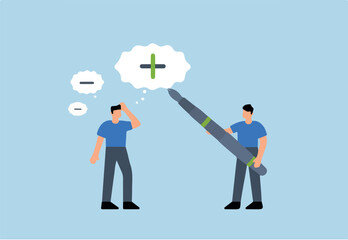 Think positive mindset, business manager with a pencil to draw positive sign on employee negative thought