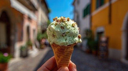 A Hand Holding a Pistachio Ice Cream Cone On A Sunny Italian Street, Close Up View Of Creamy Green Ice Cream Topped With Chopped Pistachios, Colorful