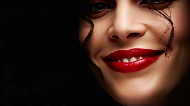 Close-up of a smiling, beautiful female vampire with seductive lips painted bright red and sharp vampire fangs against a black background.