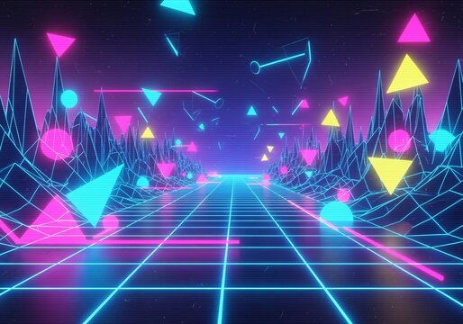 A vibrant retro-futuristic digital landscape with a glowing grid road and floating neon geometric shapes. - Powered by Adobe