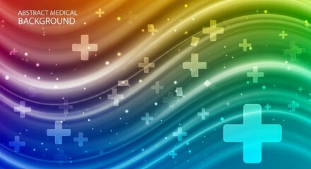 Obraz premium Vibrant Medical Abstract Background - Healthcare, medicine, wellness, recovery, and healing are symbolized by flowing lines, plus signs, and a rainbow gradient.
