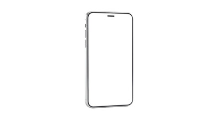 Sleek metallic silver unbranded smartphone, angled, upright with blank white screen & black notch, against a transparent studio background with copy space, concept of digital innovation