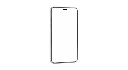 Sleek metallic silver unbranded smartphone, angled, upright with blank white screen & black notch, against a transparent studio background with copy space, concept of digital innovation