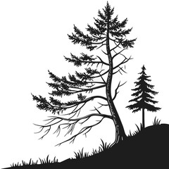 Black and White Silhouette of Two Pine Trees on a Hillside, Nature Illustration, Graphic Design Element