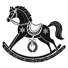 Classic Black and White Christmas Rocking Horse Silhouette; Festive Holiday Illustration