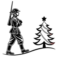 World War I Soldier Walking Past Decorated Christmas Tree; Monochrome Vector Illustration; Nostalgic, Reflective Mood