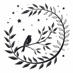 Serene Night Bird: Monochrome Floral Wreath Illustration, Elegant, Dreamy, and Peaceful Design.