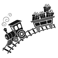 Black and White Festive Train Carrying Presents;  Joyful Christmas Clipart Illustration
