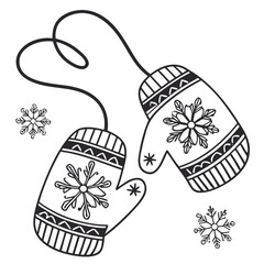 Hand-drawn Winter Mittens with Snowflakes:  Charming Black and White Line Art Illustration for Holiday Designs.