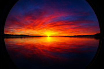 Evening dawn, calm surface of water reflecting the sunset
