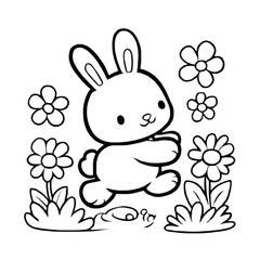 White outlines bunny and daisy flowers on black evokes line art ,illustration for children,print ,or coloring book.