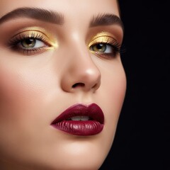 Close-up of young caucasian female with bold makeup and golden eyeshadow