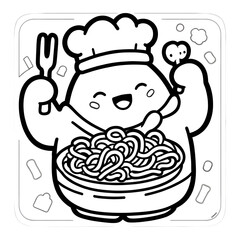 Black and white line art cartoon character is chef with spaghetti. For children's book illustration, branding, education, social media.