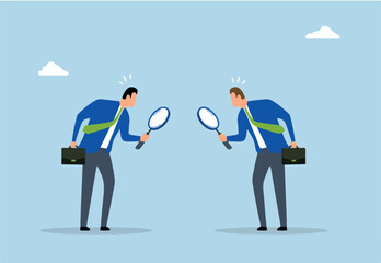 Suspicious, distrustful entrepreneurs scrutinize one another with a magnifying lens