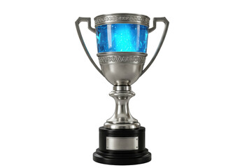 Isolated 3D Render of a Futuristic Silver Trophy with Blue Liquid and Energy
