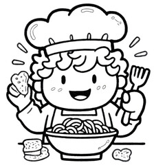 Luminous doodle art. Chef character with spaghetti in bowl stands out against black, ideal for creative branding, sticker design, and social media graphics.