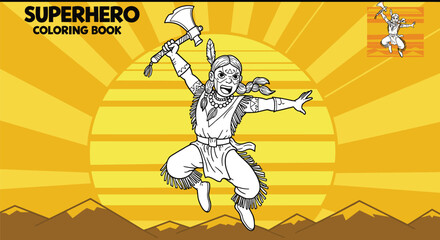 Superhero coloring book cover, warrior hero illustration, powerful fighter character with axe, comic style superhero art, kids coloring activity