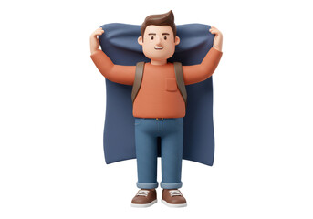 Isolated 3D Render of a Young Boy Character Holding a Blue Cape Like a Superhero