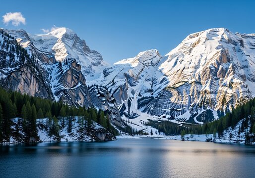 Majestic snow-capped mountains reflected in a serene, blue lake under a clear sky.
