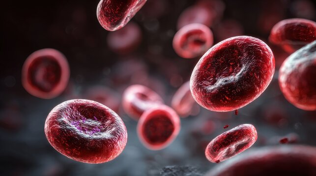 Elegant photo of 3D close-up view of Plasmodium falciparum parasites infecting red blood cells under a microscope.