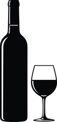 Wine bottle silhouette, wine glass with stem, drink container, beverage icon, vector line art, cad drawing, flat illustration, elegant concept