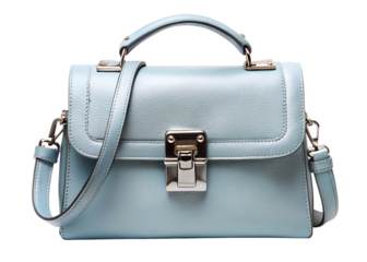Stylish blue leather handbag with silver details, isolated on transparent background, perfect for fashion and accessory concepts and style