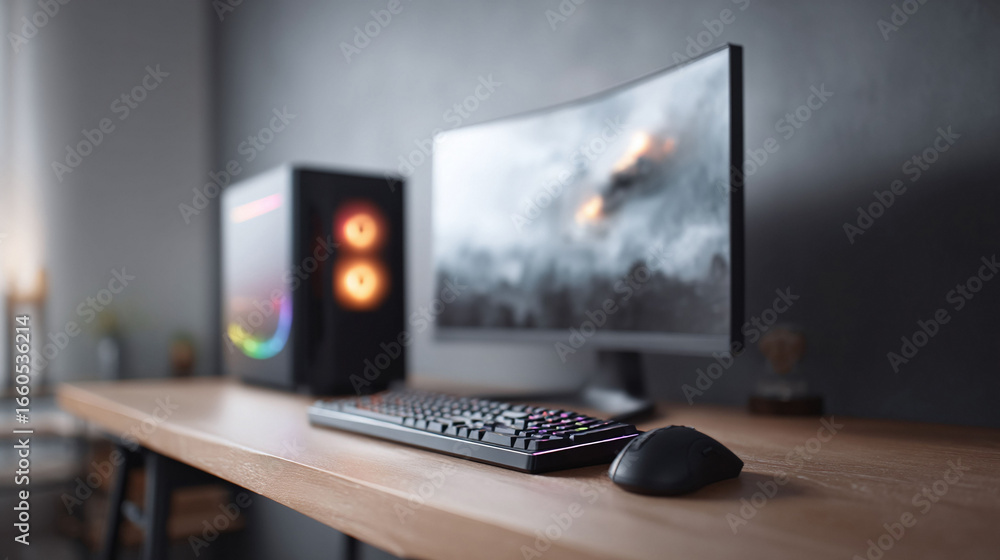 Poster modern desktop computer setup. curvature monitor, backlit keyboard and mouse on a clean wooden desk.