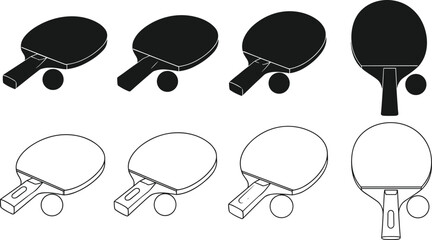 Table tennis paddle and ball vector icons set, ping pong racket silhouette and outline illustrations, sports equipment graphic collection
