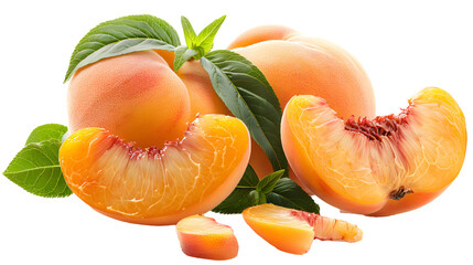 Fresh apricots with green leaves, a healthy and juicy summer fruit isolated on a white background