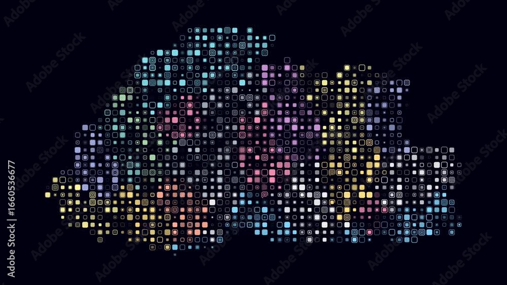 Poster bhutan map animation. shape of the country with pulsating colored dots. small size rounded square bl